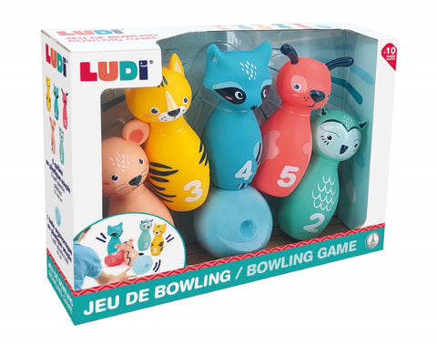 LUDI minkštas boulingas „Miško gyvūnai“ vaikams – 5 kėgliai + kamuolys