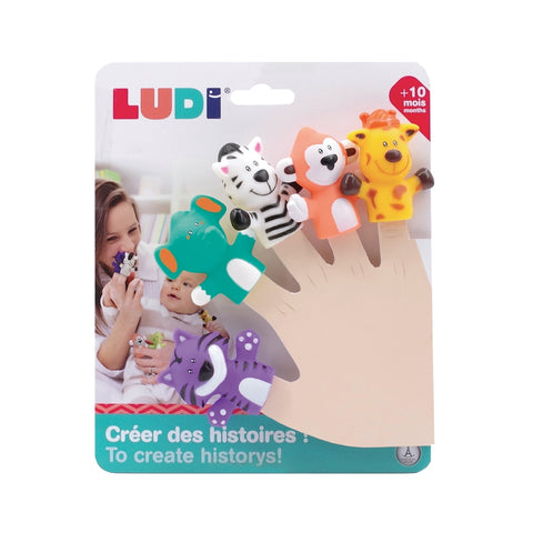 LUDI Safari pirštukinės lėlės – 5 gyvūnėliai, minkštas plastikas, nuo 10 mėn., plaunamos