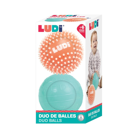 LUDI sensoriniai kamuoliukai kūdikiams, 2 vnt. – masažinis ir mokomasis (raidės, skaičiai), Ø13 cm, 6+ mėn.