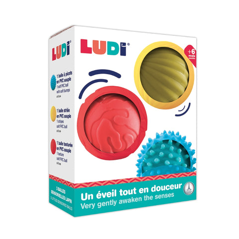 LUDI sensoriniai kamuoliukai kūdikiams, 3 vnt., skirtingų faktūrų (6+ mėn.)