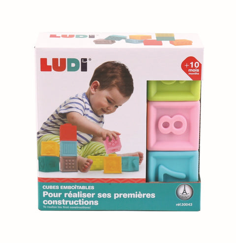 LUDI minkštos sujungiamos kaladėlės kūdikiams, 9 vnt – edukacinis konstruktorius 10+ mėn.