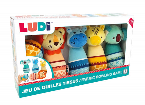 LUDI medžiaginis boulingo rinkinys kūdikiams – 4 kėgliai + kamuolys, 10+ mėn.