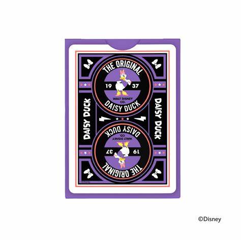 Kortų kaladė Disney Daisy Duck violetinė nugarėlė su 1937 logotipu ir simetrišku veidrodiniu dizainu