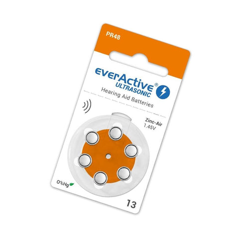 Everactive Ultrasonic 13 PR48 klausos aparatų baterijos, 6 vnt.