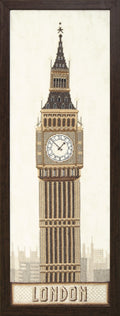Vertikalus rėminis siuvinėjimas Big Ben Londono bokštas smėlio ir rudos tonų, priekyje matoma siūlų tekstūra ir apačioje užrašas LONDON
