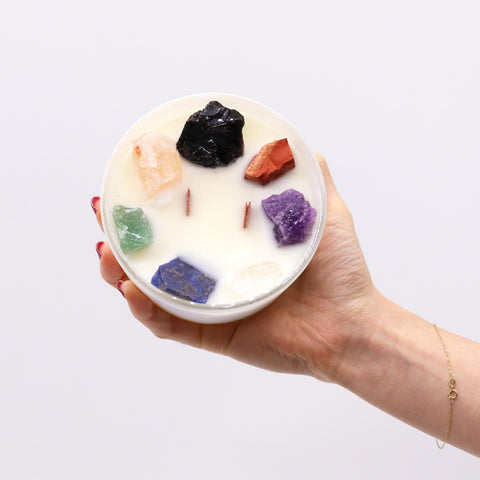 Didelė sojų žvakė su kristalais – Septynios čakros Ancient Wisdom