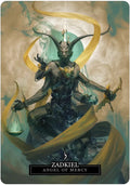 taro korta Zadkiel — gailestingumo angelas, tamsiai žalia ir auksinė paletė, laikantis svarstykles ir kardą