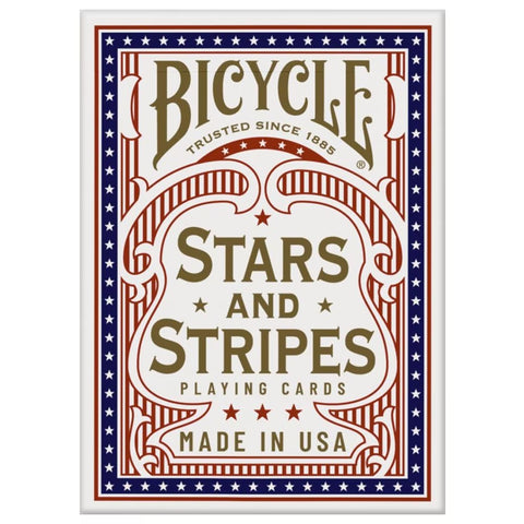 Bicycle žaidimo kortos Stars and Stripes — patriotinis dėžutės dizainas mėlyna, raudona ir auksinė, pagaminta JAV