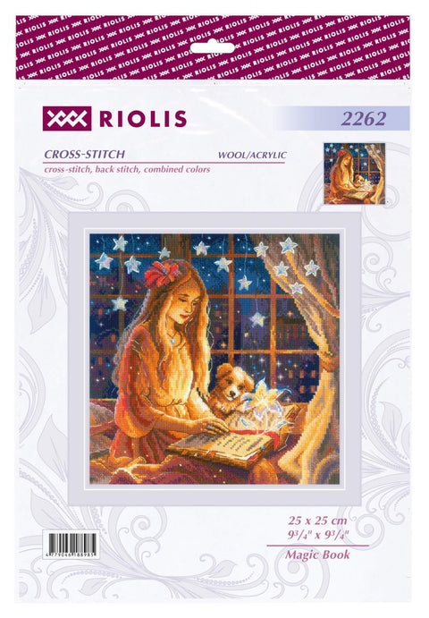 Kryželių rinkinys Riolis Magic Book 25x25 cm, šiltų tonų scena: mergina skaito prie lango su meškiuku ir žvaigždėmis