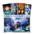 Magical Dimensions oracle kortos (Lightstar Creations, 2‑os leid.) – pakuotės priekinė dalis su iliustruotais kortų pavyzdžiais ir moters bei tigro scena