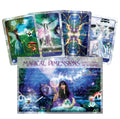 Orakulo kortos Magical Dimensions, spalvota dėžutė priekyje ir penkios pavyzdinės kortos, magiškas dizainas, prekės ženklo Lightstar logotipas