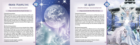 orakulo kortos – atverstas pavyzdys: „Higher Perspective“ su violetine Žeme ir žvaigždėmis; „Ice Queen“ su sidabrine karaliene ir vienarage, kartu aiškinamasis tekstas