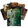 Orakulo kortos Magick of You su žaliu eteriniu viršeliu ir penkių iliustruotų kortų ventiliatoriumi, autorė Fiona Horne