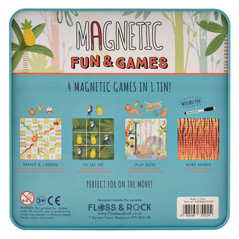 Magnetinis žaidimų rinkinys „Džiunglės“ 4‑in‑1 – lavinamasis, kelioninis, su metaline dėžute, FLOSS & ROCK, 3+