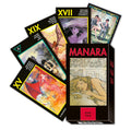 Manara erotinis tarot kortų rinkinys, juoda dėžutė su miegančios moters iliustracija ir fanuotos spalvotos kortos priekyje