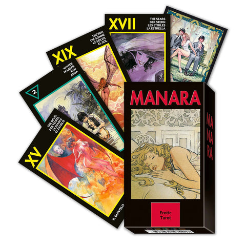 Manara erotinis tarot kortų rinkinys, juoda dėžutė su miegančios moters iliustracija ir fanuotos spalvotos kortos priekyje