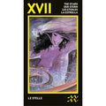 tarot korta XVII Žvaigždės, violetinė moters su plačia skrybėle iliustracija, vertikalus kortos priekinis vaizdas parduotuvės puslapyje