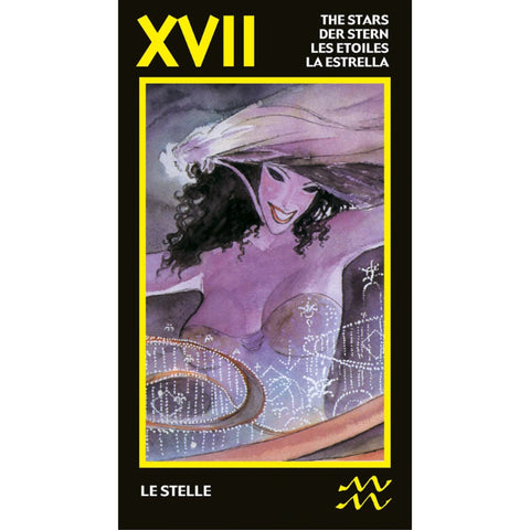 tarot korta XVII Žvaigždės, violetinė moters su plačia skrybėle iliustracija, vertikalus kortos priekinis vaizdas parduotuvės puslapyje