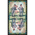 tarot korta – dvipusė akvarelinė iliustracija: moteris ant parko suoliuko tarp dviejų vyrų, apačioje atspindys
