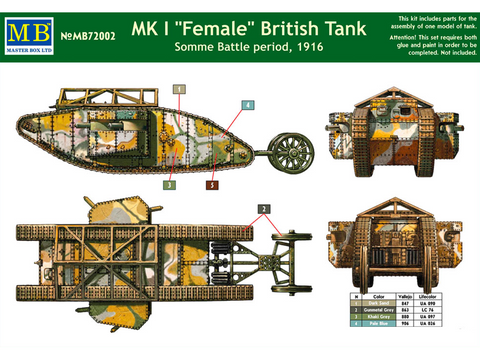 Master Box MK I „Female“ britų tankas Somme 1916, plastikinis 1/72 rinkinys