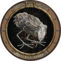 Metalinė batagalvio sieninė plokštė steampunk stiliaus, sidabrinės ir auksinės faktūros su išgraviruotomis detalėmis ir apvaliu portalo rėmu