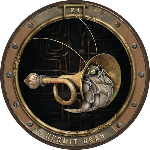 Steampunk krabas sieninė plokštė su auksinės bronzos trimitro formos kriaukle ir mechaninėmis metalinėmis kojomis porthole rėme