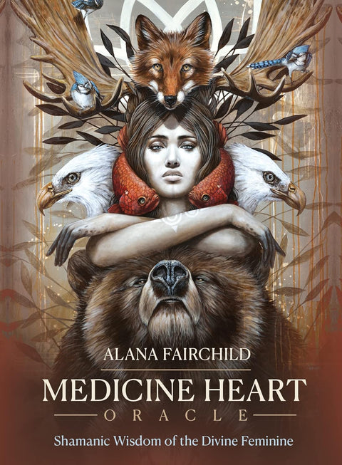 Orakulų kortos Medicine Heart – Alana Fairchild viršelis su moters portretu apsuptu lokio, lapės ir erelių