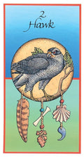 Tarot korta Hawk: spalvota iliustracija su vanagu apskritime ir kabančiais plunksnomis, kaulo bei kriauklių motyvais