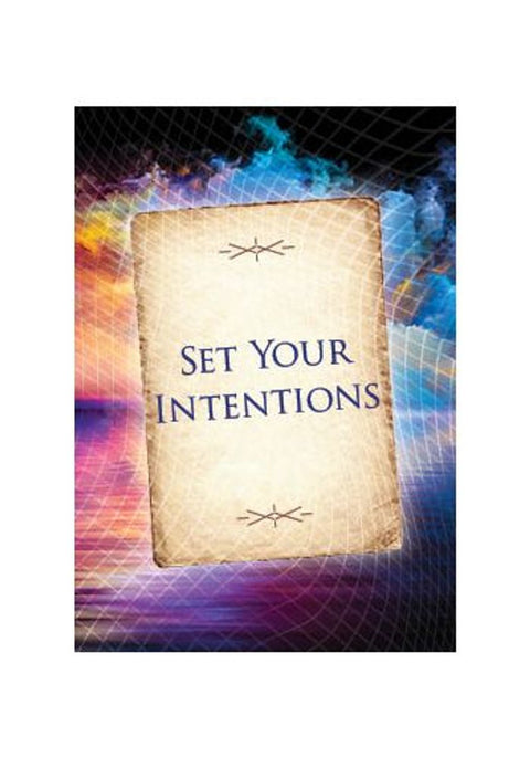 Intencijų korta su pergamento fono užrašu „Set Your Intentions“ ant spalvoto mistinio fono, pavyzdys iš kortų rinkinio