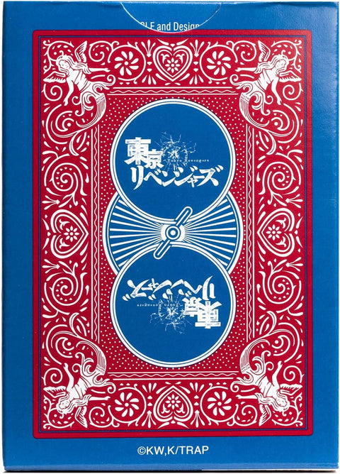 Kortų kaladė Tokyo Revengers, mėlyno–raudono kolekcinio dėklo nugarėlė su angelų raštais ir serijos logotipu