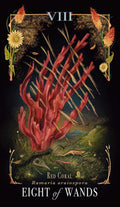 tarot korta Aštuoni lazdos su raudonos koralų iliustracija, skriejančiomis lazdomis ir ornamentiniu rėmu, artimas priartinimas