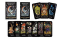 tarot kortos Midnight Magic su juodu dėklu ir ryškiomis iliustracijomis – pakuotė ir keli grybų tematikos pavyzdiniai kortų variantai