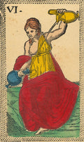 tarot korta VI, antikinis rankų pieštas dizainas su geltona ir raudona figūra pilstančia ąsotį, priekinis kampas detaliems simboliams