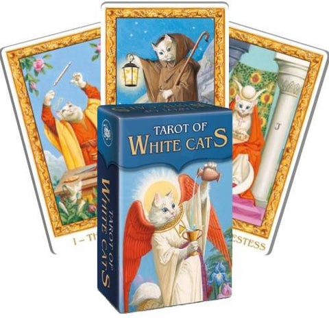 Tarot kortos White Cats mėlyname dėkle su baltais kačių piešiniais ir fanuotomis trijų Didžiųjų Arkanų kortų iliustracijomis