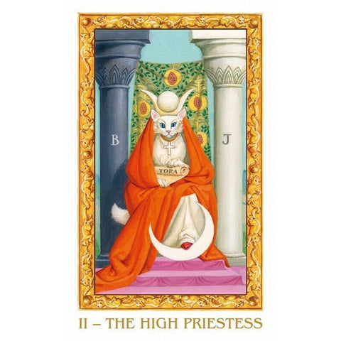 Tarot korta Aukščiausioji kunigė – balta katė oranžiniame apsiauste sėdi tarp kolonų, laiko Torą ir mėnulį