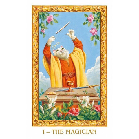 Tarot korta The Magician, iliustracija su kate magu, aukso rėmas ir žydras fonas, skirtas kolekcinėms kortoms