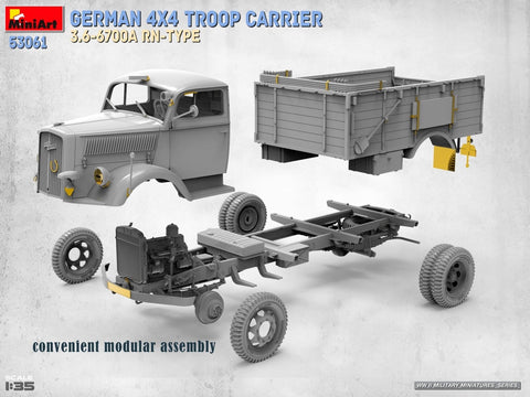 MiniArt vokiečių 4x4 karių transporteris 3.6-6700A RN-Type, modelis 1/35, 53061
