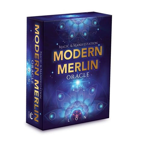 Modern Merlin oracle kortos dėžutė tamsiai mėlyna su aukso užrašu, rodoma priekinė ir šoninė perspektyva