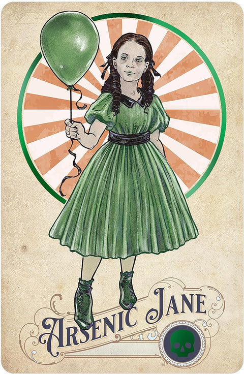Plakatas Arsenic Jane — retro iliustracija: mergaitė žalia suknele laiko žalią balioną, pilnas ūgio siluetas ir dekoratyvinis rėmas
