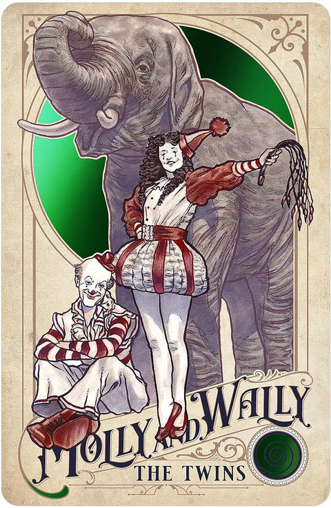 Plakatas Molly ir Wally – retro cirko iliustracija su dideliu drambliu ir dviem klounais, vertikalus pilno plano variantas parduotuvės galerijoje