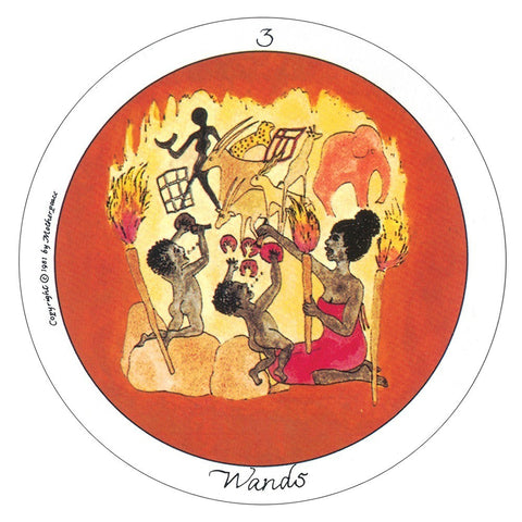 Tarot korta Wands, oranžiniame fone moteris su vaikais prie degančių lazdų, etninio stiliaus iliustracija, skirta reikšmės apžvalgai