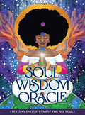 Soul Wisdom Oracle viršelis, spalvinga iliustracija: medituojanti juodaodė moteris su afro, čakromis, sparnais ir pasauliu apačioje