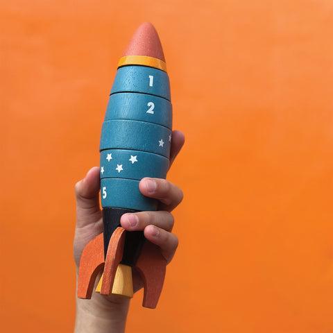 Mentari medinė skaičiavimo raketa – 5 dalių mokomasis žaislas iš kaučiukmedžio, vaikams 3+