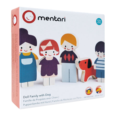 Mentari medinė lėlių šeima su šuniuku – 5 kaučiukmedžio figūrėlės, 12+ mėn.