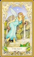 tarot korta The Star — mėlyna fėjų iliustracija iš priekio, moteris pila vandenį prie baseino, art nouveau rėmelis