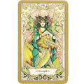 Tarot korta Strength (Jėga) — žalių ir auksinių tonų priekinė iliustracija su moterimi ir drakono figūra, Art Nouveau rėmas