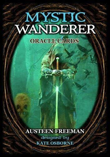 Oracle kortos Mystic Wanderer, žalias viršelis su gobtuvu, kardu, lapė ir varnų motyvais