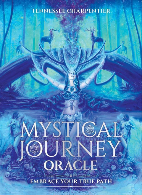Mystical Journey Oracle kortų rinkinys, priekinis dangtelis su mėlyna miško deivės iliustracija, elfa ir elnių motyvais, autorius Tennessee Charpentier