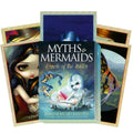 Orakulų kortos Myths & Mermaids — mėlynos dėžutės viršelis su sirenės iliustracija ir trys atverstos kortos, parodytos išskiriant komplektą