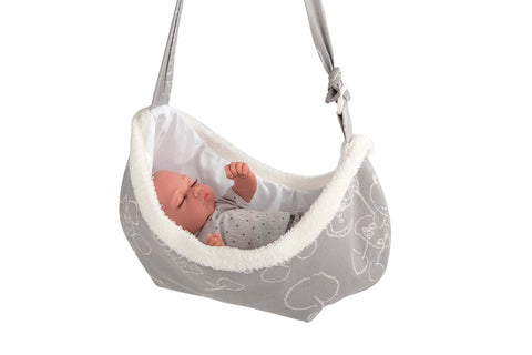 Arias mieganti verkianti lėlė-kūdikis 28 cm, su čiulptuku, pilki drabužėliai